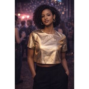 Porridge Clothing Metallic Gold Faux Leather Short Sleeve Crop Top Size S NWT‎